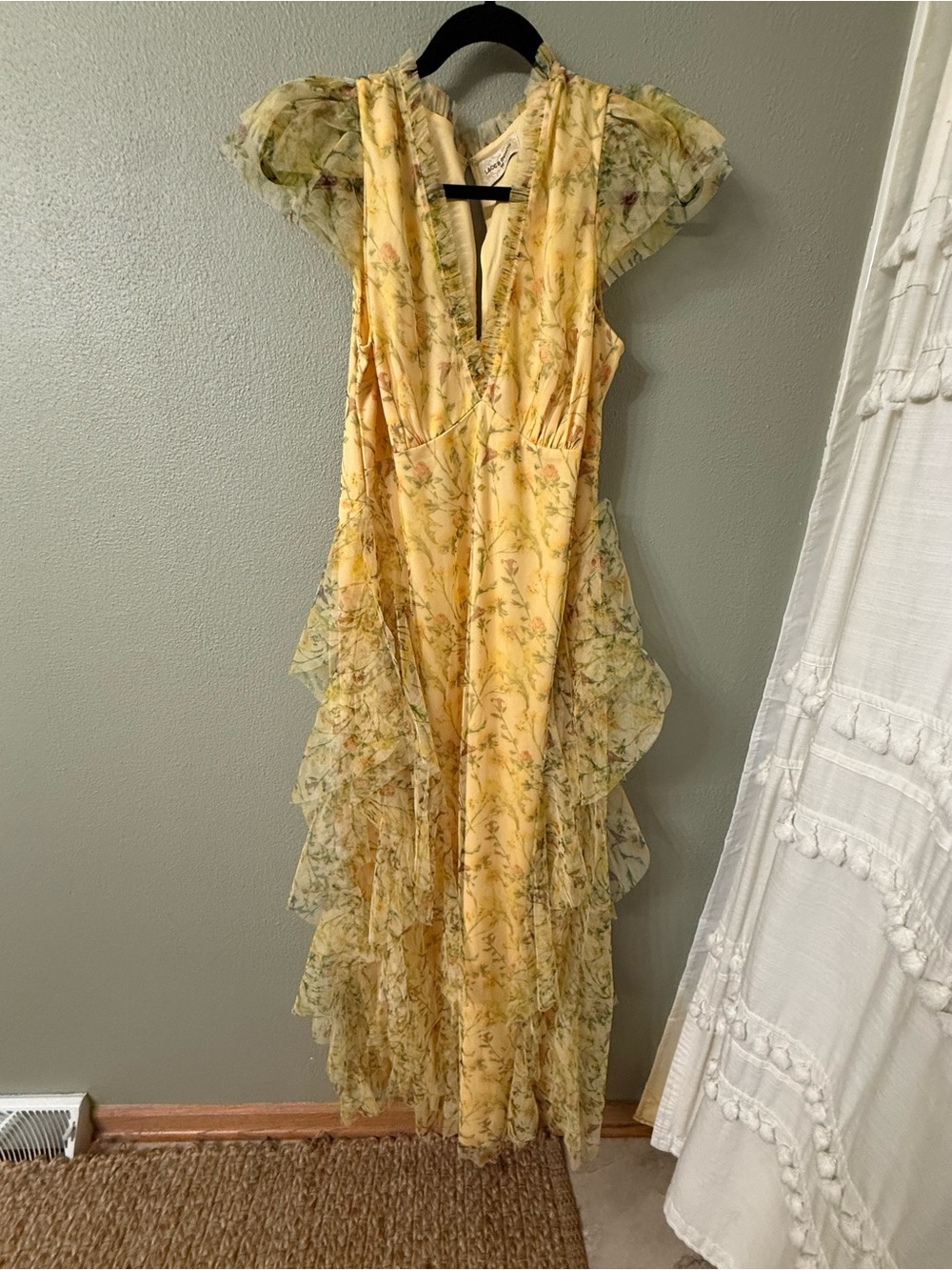 asos lace & beads Yellow Floral Ruffle Maxi Dress - US 12